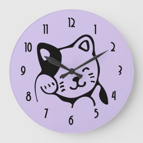 Cute Black and White Kitty Cat Waving Hello Large Clock