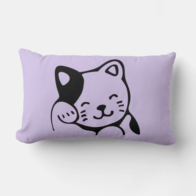 Cute Black and White Kitty Cat Waving Hello Lumbar Pillow (Front)