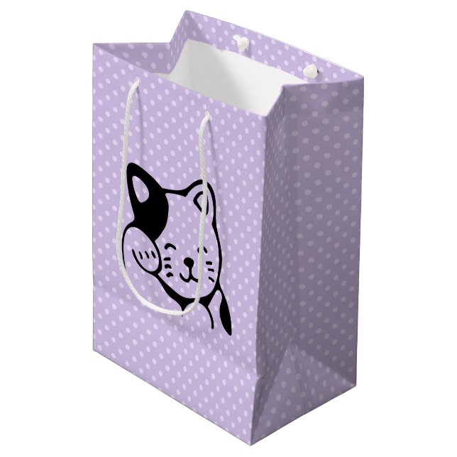 Cute Black and White Kitty Cat Waving Hello Medium Gift Bag (Front Angled)