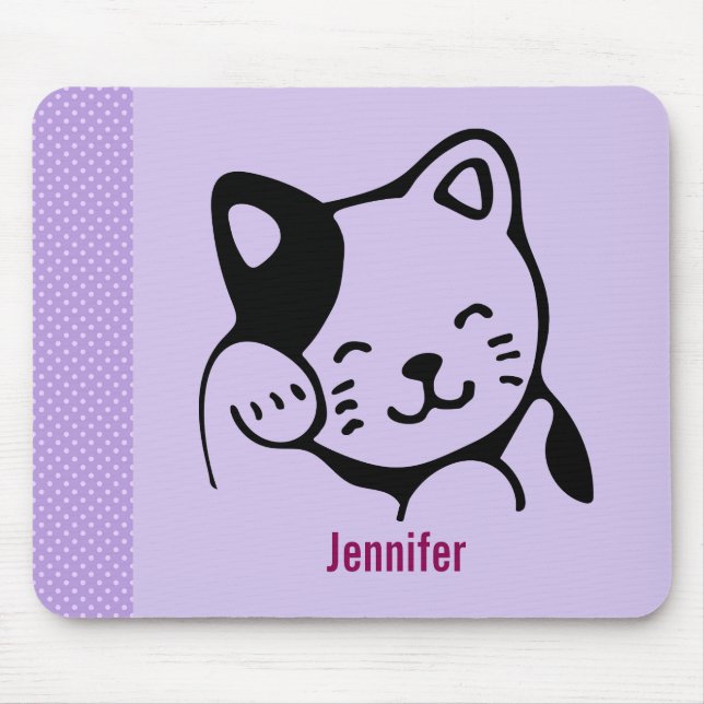 Cute Black and White Kitty Cat Waving Hello Mouse Pad (Front)