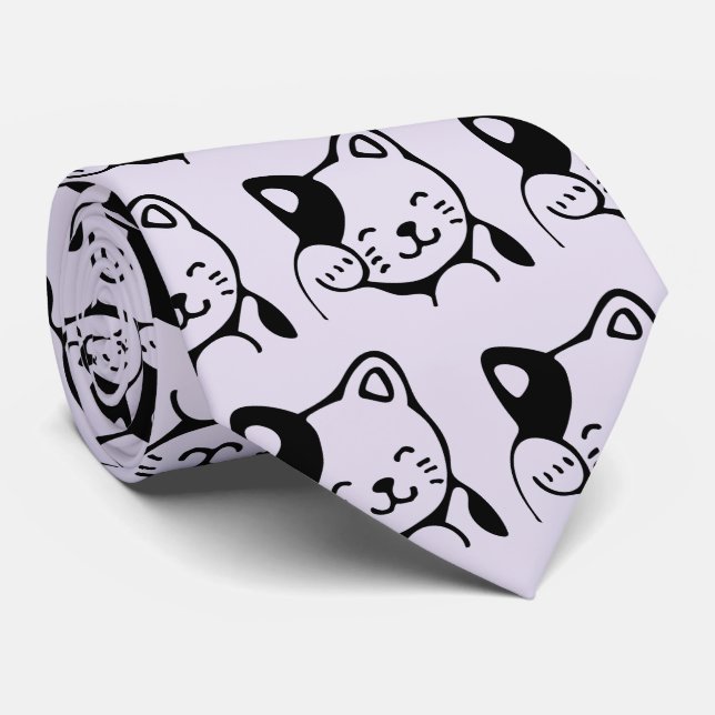 Cute Black and White Kitty Cat Waving Hello Neck Tie (Rolled)