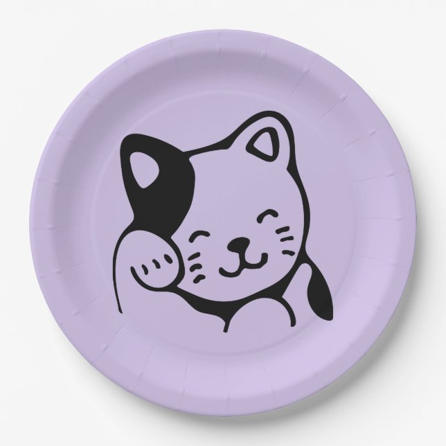 Cute Black and White Kitty Cat Waving Hello Paper Plates (Front)