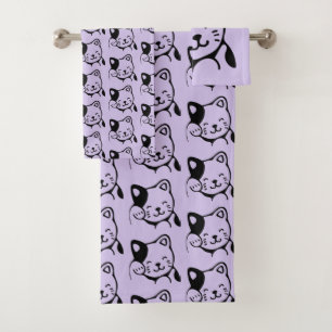 Cute Black and White Kitty Cat Waving Hello Patter Bath Towel Set