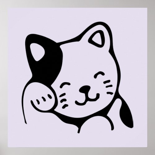 Cute Black and White Kitty Cat Waving Hello Poster