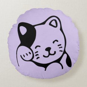 Cute Black and White Kitty Cat Waving Hello Round Pillow
