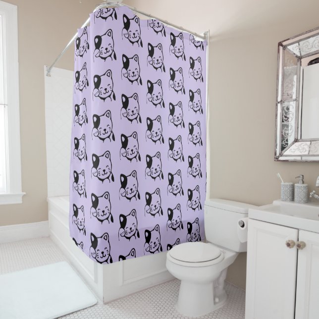 Cute Black and White Kitty Cat Waving Hello Shower Curtain (In Situ)