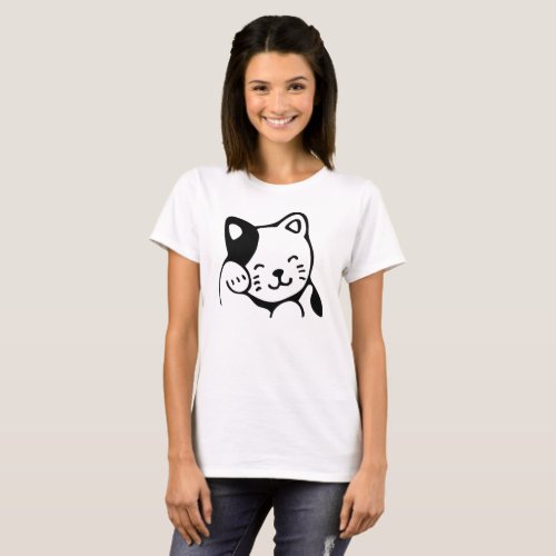 Cute Black and White Kitty Cat Waving Hello T_Shirt