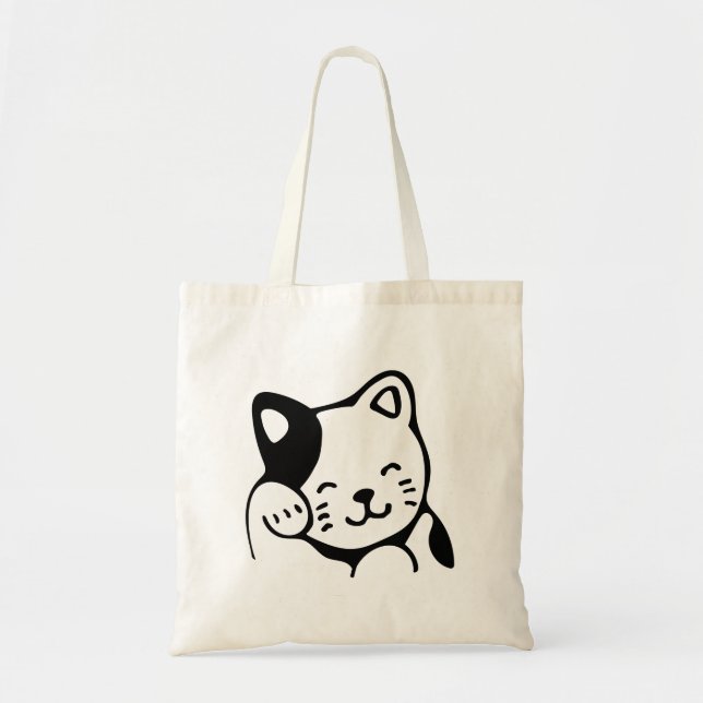 Cute Black and White Kitty Cat Waving Hello Tote Bag (Front)
