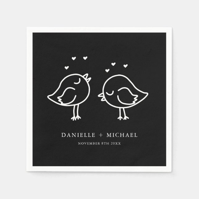Cute Black and White Lovebirds Doodles Wedding Napkins (Front)