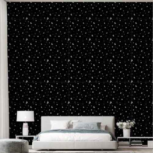 Cute Black and White Moons and Stars Wallpaper