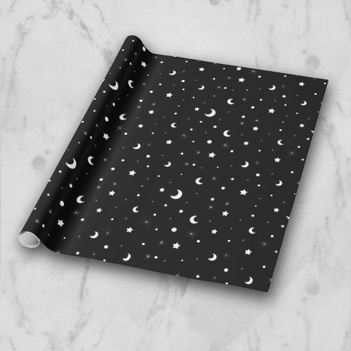 Cute Black and White Moons and Stars Wrapping Paper