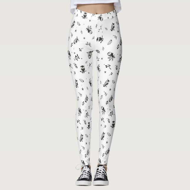 Cute Black and White Owls Leggings (Front)