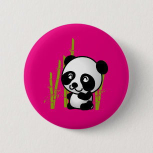 Cute black and white panda bear in a bamboo grove. button
