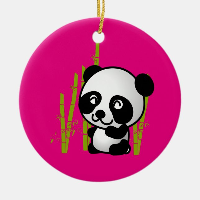 Cute black and white panda bear in a bamboo grove. ceramic ornament (Front)