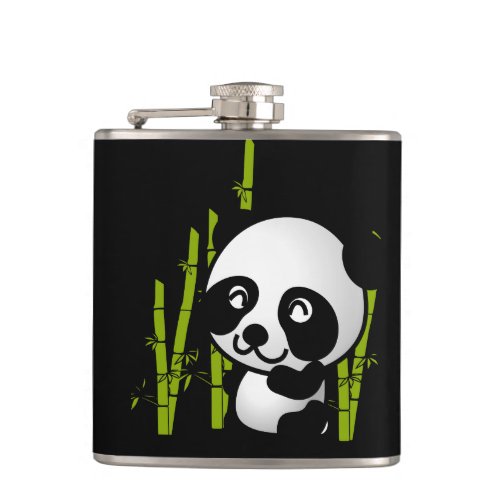 Cute black and white panda bear in a bamboo grove hip flask