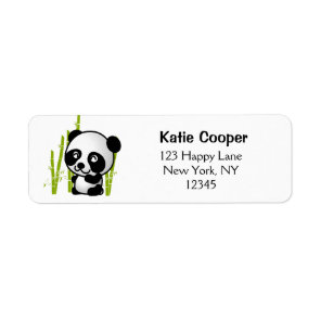 Cute black and white panda bear in a bamboo grove label