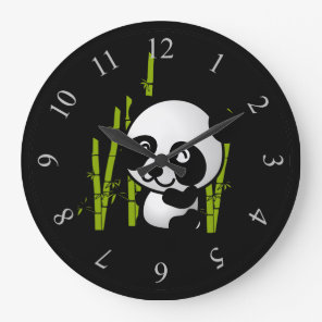 Cute black and white panda bear in a bamboo grove. large clock