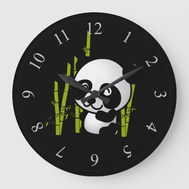 Cute black and white panda bear in a bamboo grove. large clock (Front)