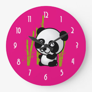 Cute black and white panda bear in a bamboo grove. large clock