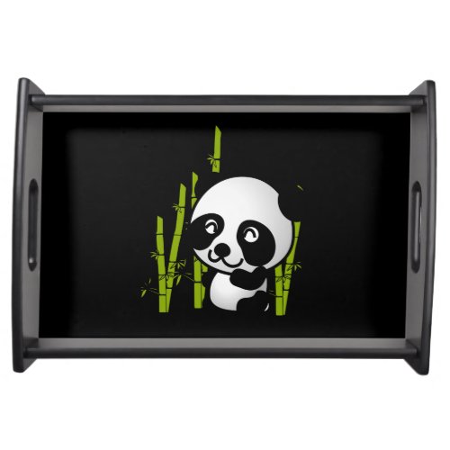Cute black and white panda bear in a bamboo grove serving tray