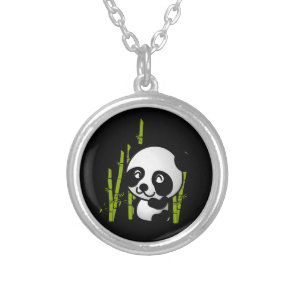 Cute black and white panda bear in a bamboo grove. silver plated necklace