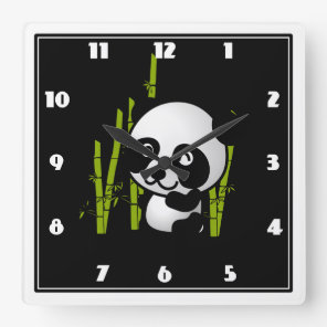 Cute black and white panda bear in a bamboo grove. square wall clock