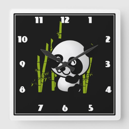 Cute black and white panda bear in a bamboo grove square wall clock