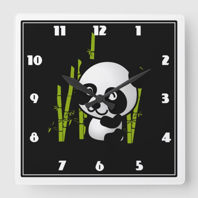 Cute black and white panda bear in a bamboo grove. square wall clock (Front)