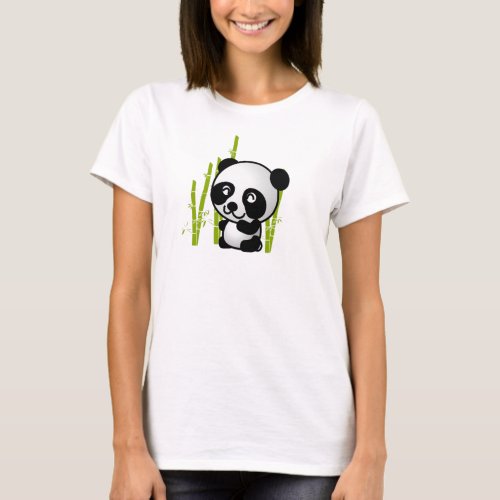 Cute black and white panda bear in a bamboo grove T_Shirt