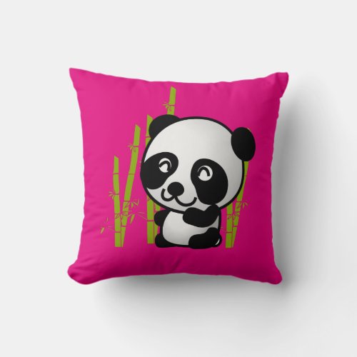 Cute black and white panda bear in a bamboo grove throw pillow