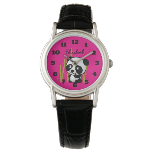 Cute black and white panda bear in a bamboo grove watch