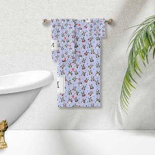 Cute Black and White Panda Monogrammed Purple Bath Towel Set