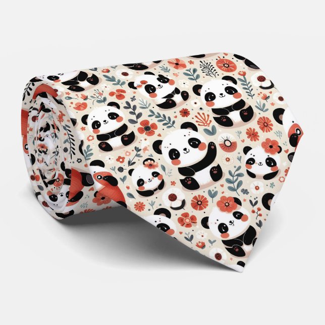 Cute Black and White Panda Neck Tie (Rolled)