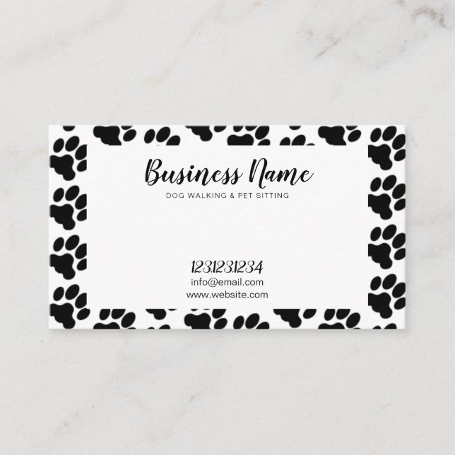 Cute Black and White Paw Print Pattern Dog Walking Business Card (Front)