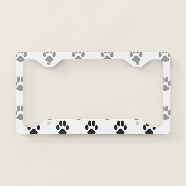 Cute Black And White Paw Prints Pattern License Plate Frame (Front)