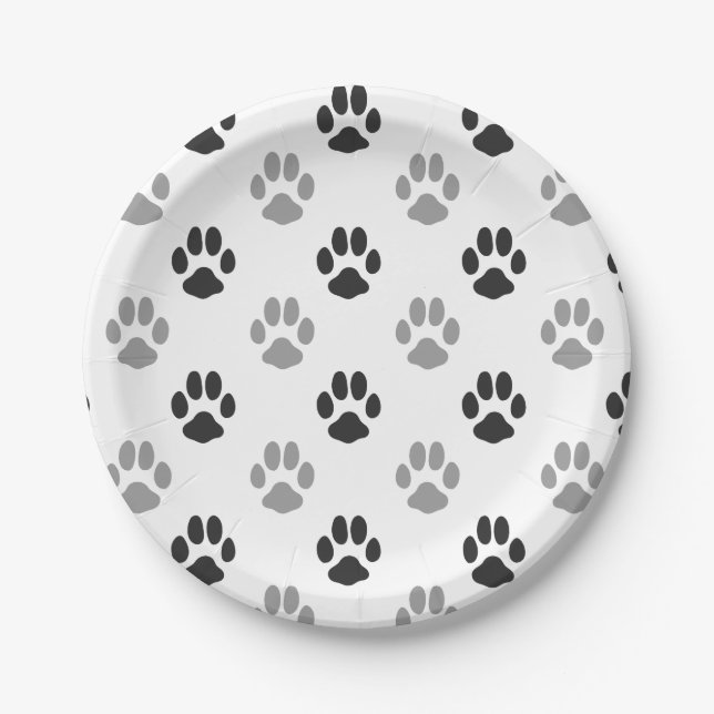Cute Black And White Paw Prints Pattern Paper Plates (Front)