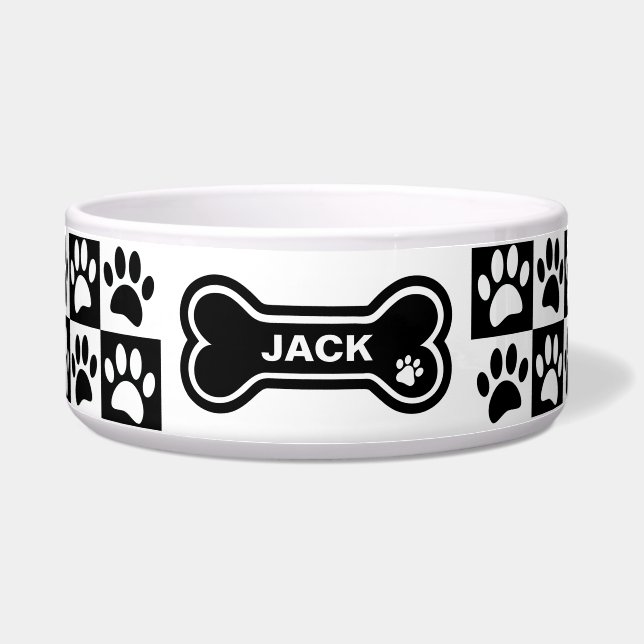 Cute Black and White Paw Prints Personalized Dog Bowl (Front)
