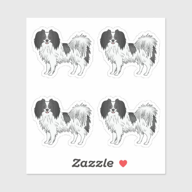 Cute Black And White Phalène Dog Cartoon Drawings Sticker (Sheet)