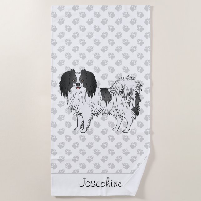 Cute Black And White Phalène Dog With Custom Name Beach Towel (Front)