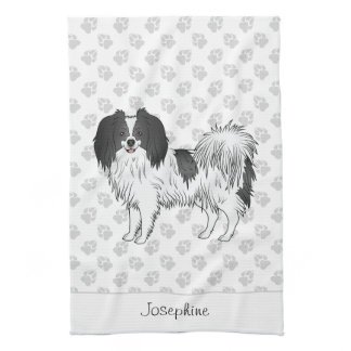 Cute Black And White Phalène Dog With Custom Name Kitchen Towel