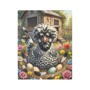 Cute Black and White Polish Chicken Metal Print