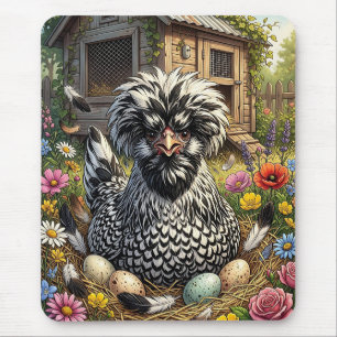 Cute Black and White Polish Chicken Mouse Pad