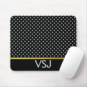 Cute Black and White Polka Dots Initials Monogram Mouse Pad