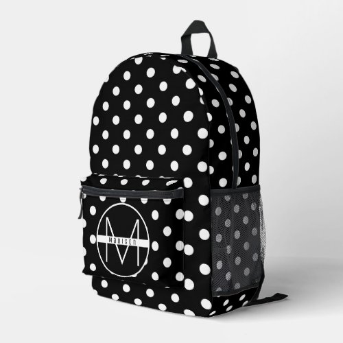 Cute Black and White Polka Dots Monogram Name Kids Printed Backpack