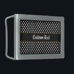 Cute Black and White Polka Dots Script Text Belt Buckle<br><div class="desc">The background is black. In the center,  there's a white script for your custom message. The pattern is white polka dots. Personalize your belt buckle with the message of your choice. The display text can be edited or deleted.</div>