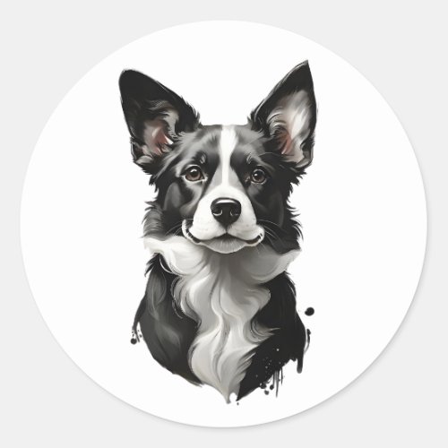 Cute Black and White Portrait Dog Puppy  Classic Round Sticker