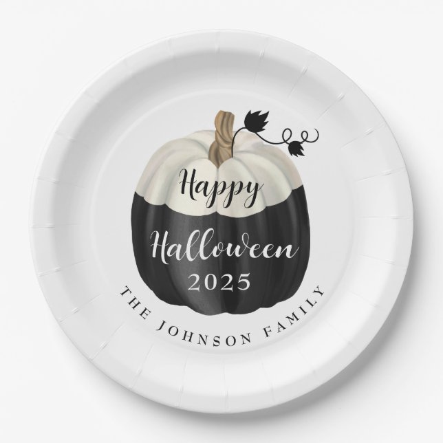 Cute Black And White Pumpkin Happy Halloween 2022 Paper Plates (Front)