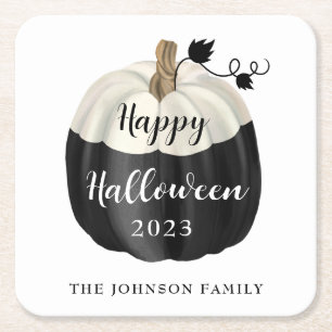 Cute Black And White Pumpkin Happy Halloween 2022 Square Paper Coaster