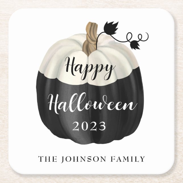 Cute Black And White Pumpkin Happy Halloween 2022 Square Paper Coaster (Front)