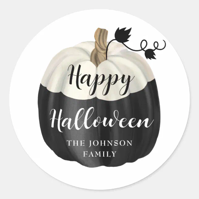Cute Black And White Pumpkin Happy Halloween Classic Round Sticker | Zazzle